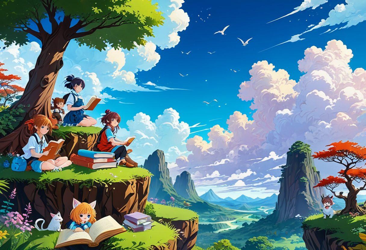 A whimsical and vibrant digital illustration depicting a variety of playful anime characters exploring a lush digital landscape filled with books, download icons, and playful clouds. Bright colors and a sense of adventure should inspire curiosity and excitement about the world of Hentai. Include symbols of safety such as shields or locks subtly integrated into the scenery. The characters should exhibit joy and camaraderie. digital art. vibrant colors. fantasy landscape.