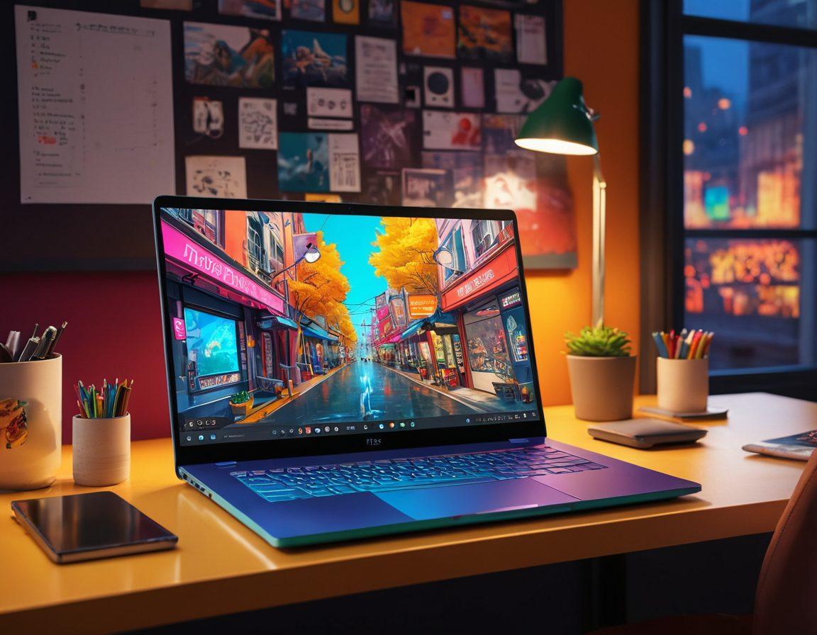 A sleek digital workspace showcasing a modern laptop with an anime-themed wallpaper, various download icons around it representing speed and security. Include vibrant anime characters subtly in the background, suggesting creativity and excitement. Incorporate elements like a download progress bar and padlock to represent fast and secure downloads. The overall vibe should be techy and dynamic. vibrant colors. 3D.
